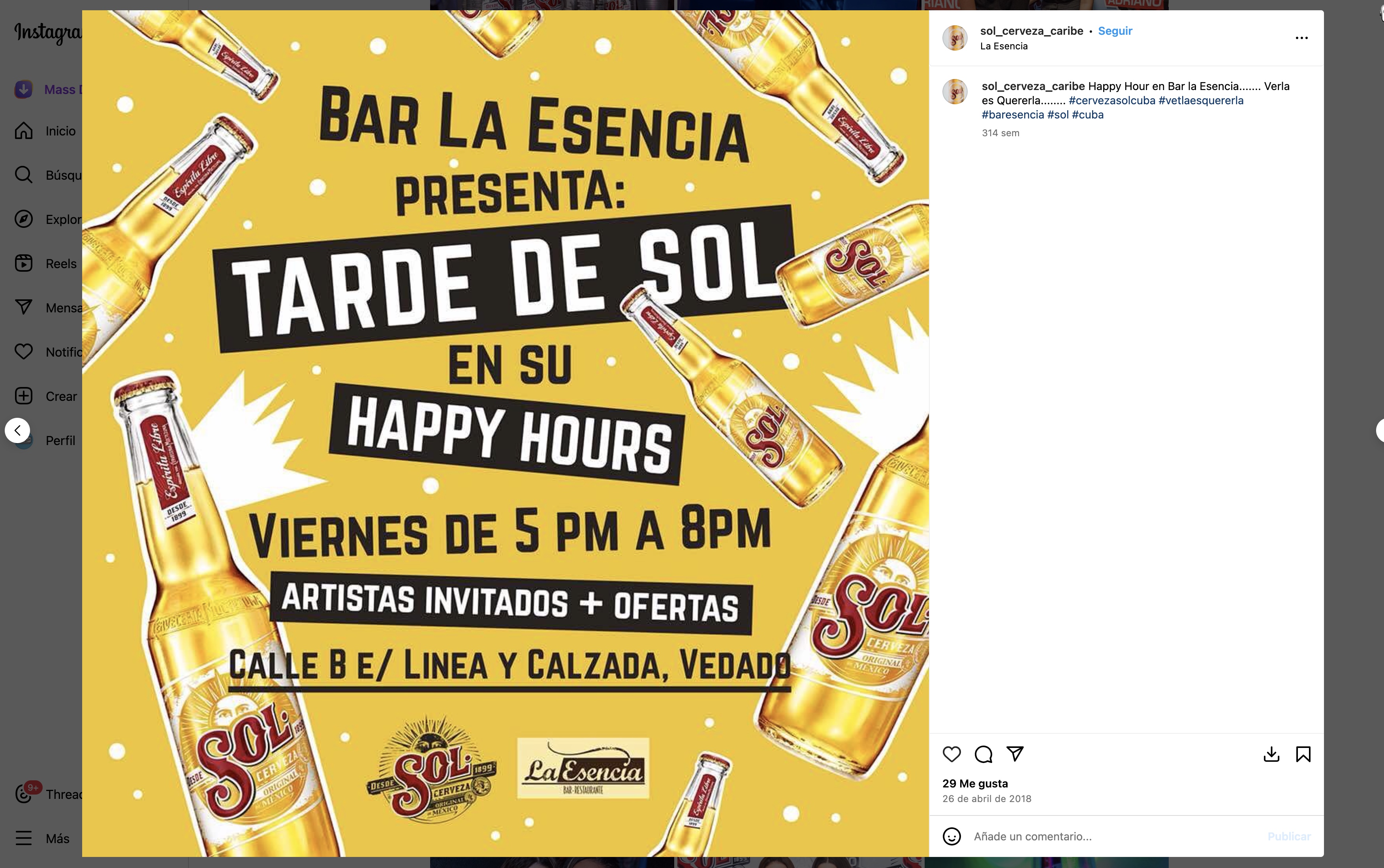 Happy Hours del Bar La Esencia patrocinado por la cerveza Sol