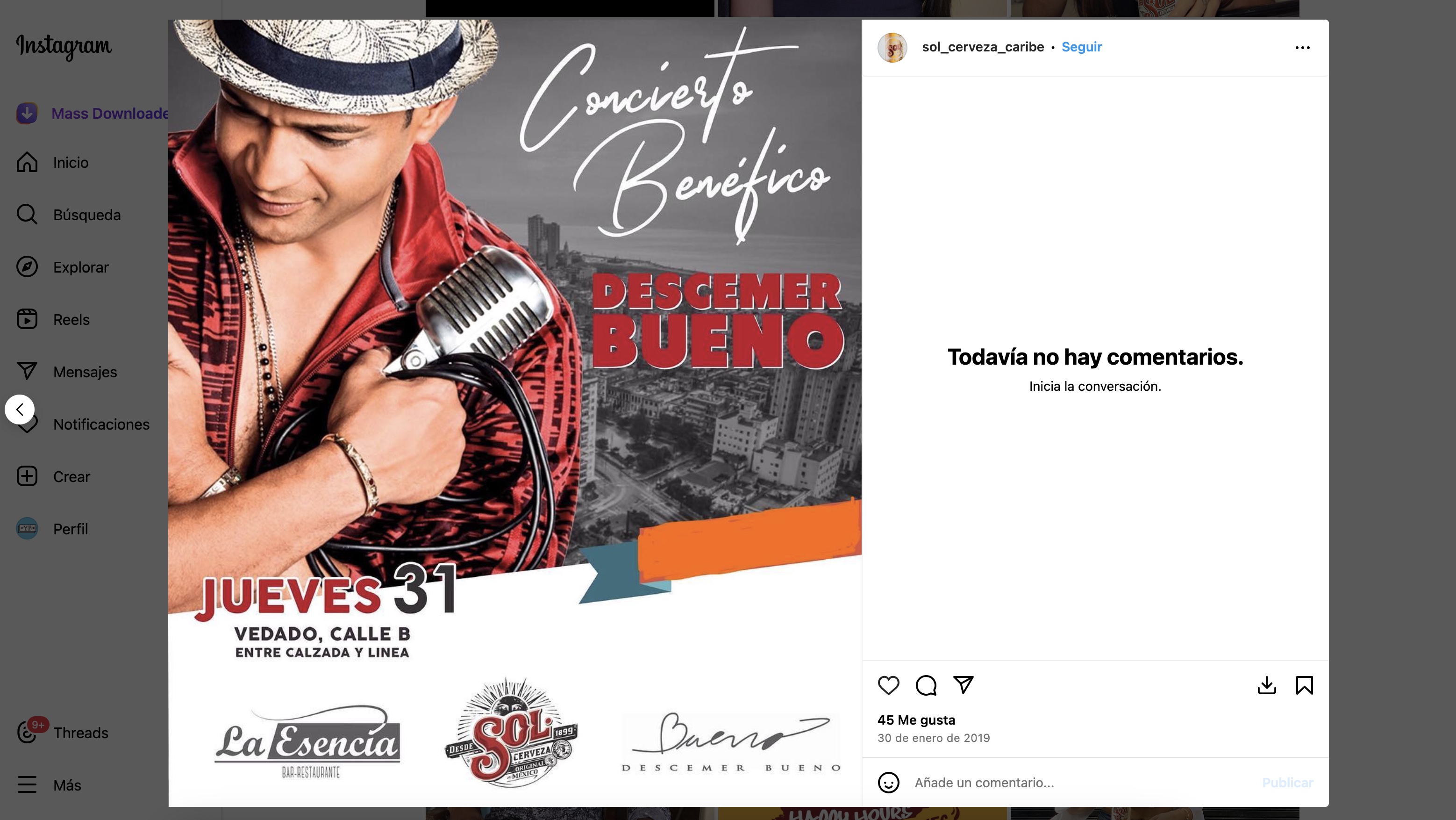 Anuncio de oncierto de Descemer Bueno patrocinado por la cerveza Sol en 2019